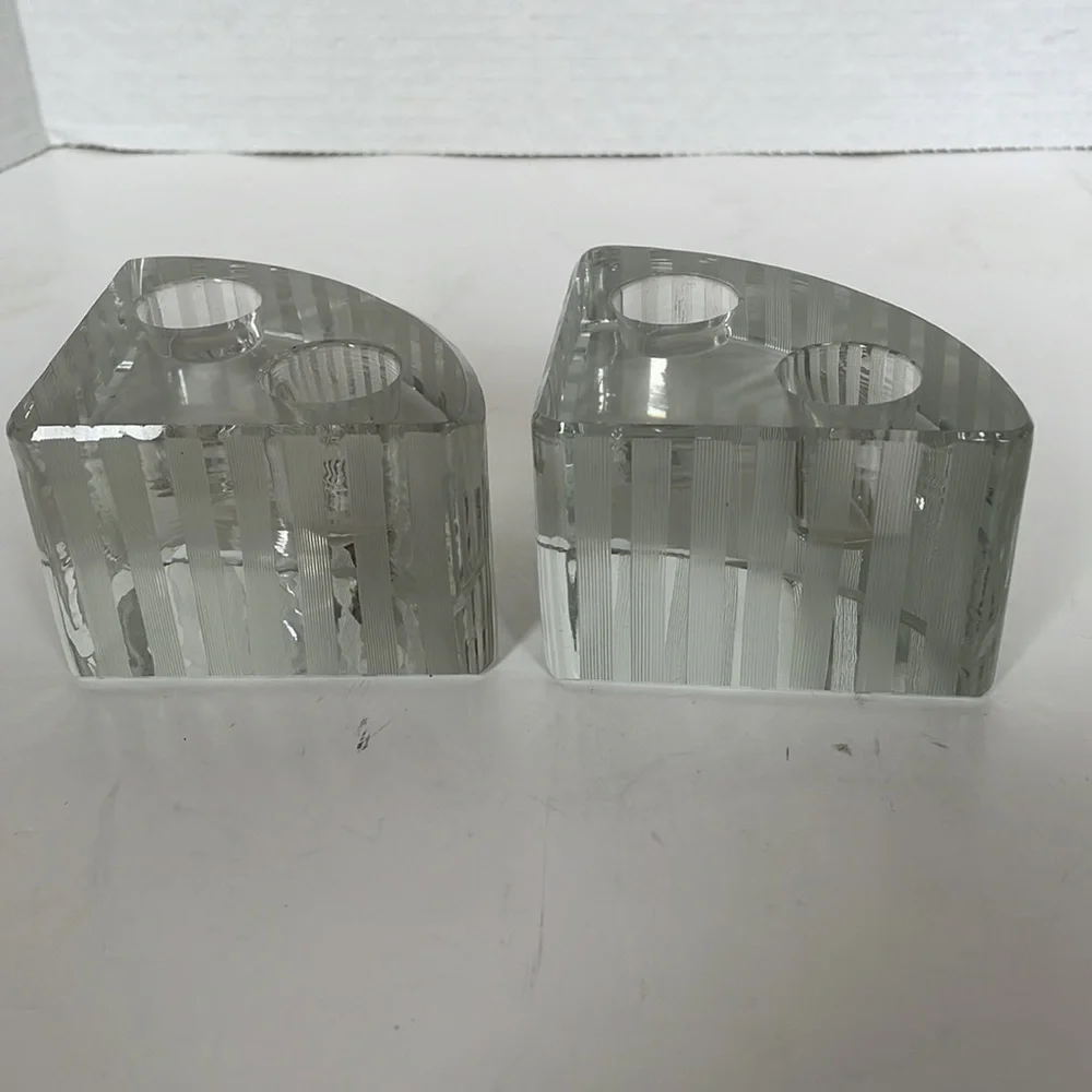 Vintage glass candlestick set holders pie shaped modern